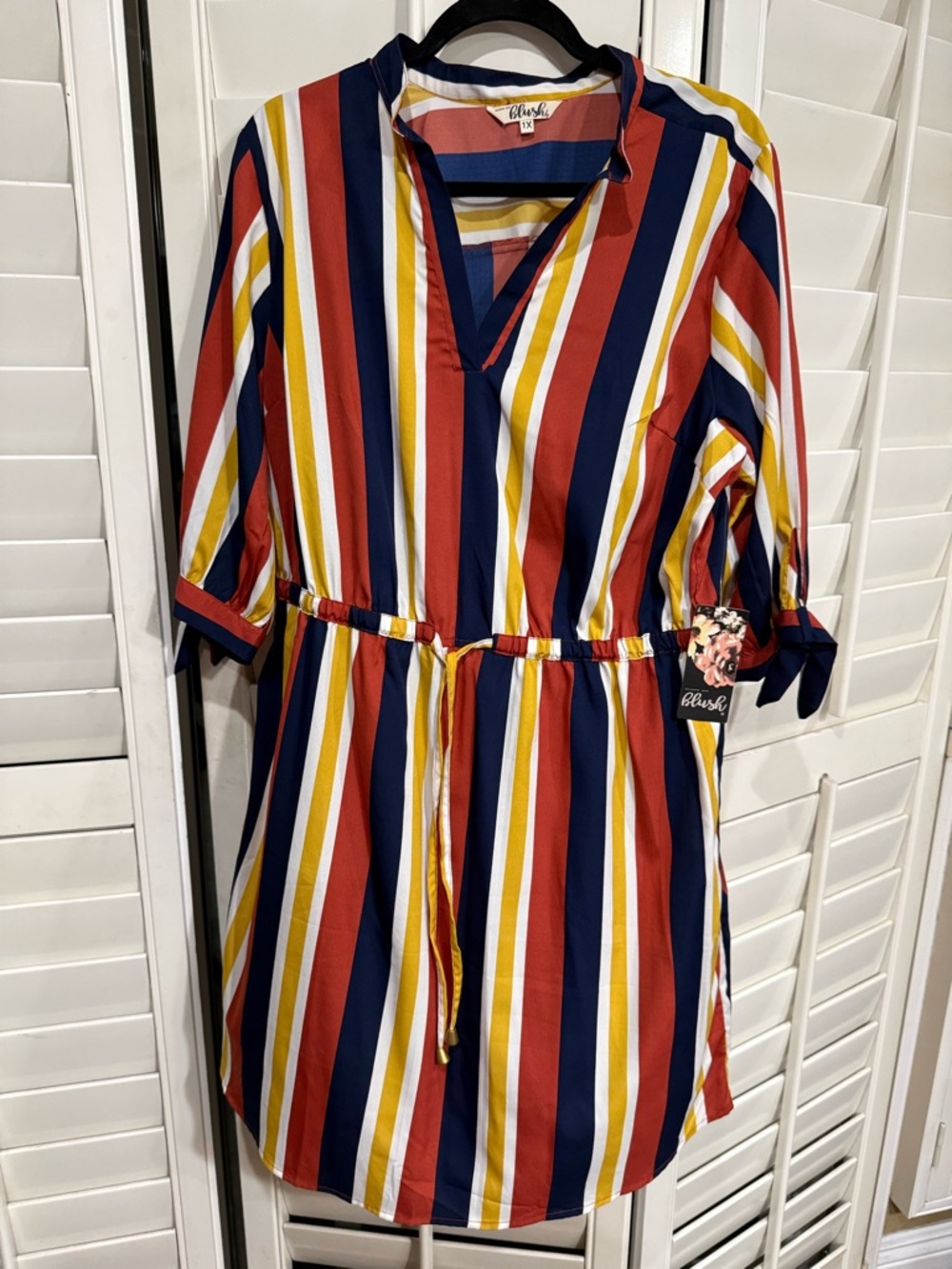 NWT - Blush Multicolor Striped Tie-Waist Tunic - Red, Navy, Mustard